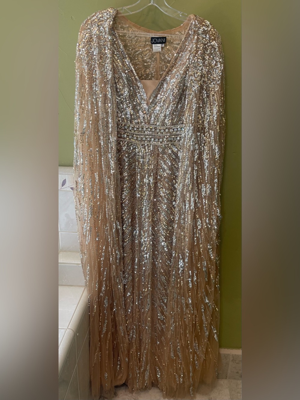 Jovani Gold Sequin V-Neck Gown Beaded Column Gown With Draped Cape Sleeves 36358 - Picture 5 of 9